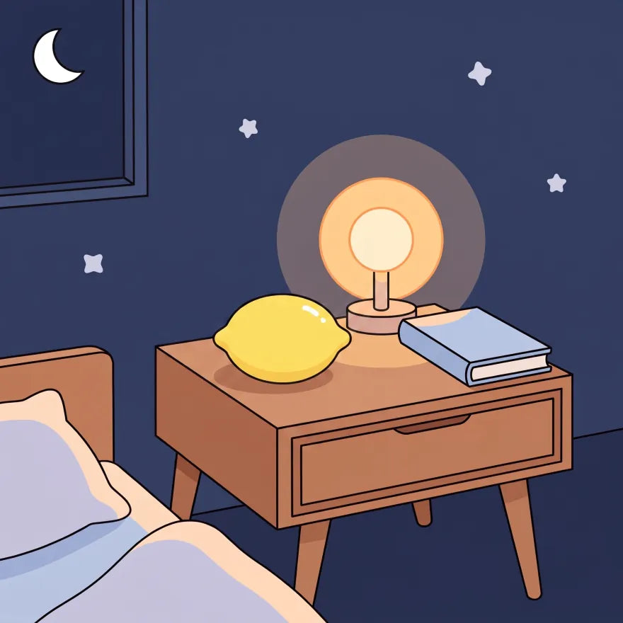 The Limone sitting openly on a nightstand beside a lamp and a book